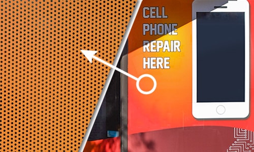 DOT Approved Window Perf advertising Cell Phone Repair with an iPhone graphic.